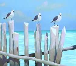 Rule 34 | animal focus, animal request, bird, blue sky, brush stroke, cloud, day, fence, highres, horizon, no humans, ocean, original, outdoors, painterly, poupee (capo sung), sky, wood, wooden fence