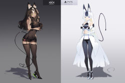 Rule 34 | 2girls, absurdres, animal ear fluff, animal ears, arm under breasts, black hair, black legwear, black leotard, blue eyes, blue hair, breasts, brown hair, commentary, covered navel, dress, english commentary, female focus, full body, game console, garter straps, gluteal fold, gradient background, green eyes, grey background, helic (7317helic), high heels, highres, large breasts, leotard, long hair, long sleeves, microsoft, multicolored hair, multiple girls, open mouth, original, pantyhose, personification, playstation 5, product girl, shoes, sony, standing, tail, thighhighs, very long hair, white hair, xbox, xbox series x