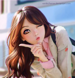 Rule 34 | 1girl, absurdres, brown hair, face, highres, lips, long hair, looking at viewer, nikichen, one eye closed, pointing, purple eyes, pursed lips, realistic, solo