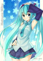 Rule 34 | 10s, 1girl, 2014, aqua hair, arm up, artist name, blue eyes, character name, detached sleeves, hand on own hip, hatsune miku, long hair, mzrz, necktie, skirt, smile, solo, twintails, very long hair, vocaloid