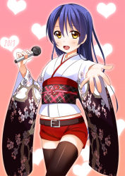 Rule 34 | 1girl, 2013, :d, belt, black thighhighs, blue hair, cowboy shot, hair between eyes, heart, hino minato (spec.c), holding, holding microphone, japanese clothes, kimono, long hair, love live!, love live! school idol festival, love live! school idol project, microphone, navel, obi, open mouth, outstretched arm, pink background, red shorts, sash, short shorts, shorts, smile, solo, sonoda umi, standing, thighhighs, white kimono, yellow eyes