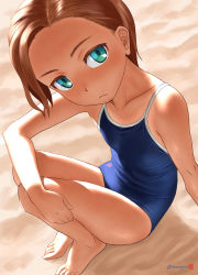 Rule 34 | 1girl, aqua eyes, bare arms, bare legs, bare shoulders, barefoot, blue one-piece swimsuit, blush, breasts, brown hair, closed mouth, collarbone, commentary request, competition school swimsuit, competition swimsuit, forehead, highres, looking at viewer, mu-pyon, one-piece swimsuit, one-piece tan, original, outdoors, sand, school swimsuit, short hair, sitting, small breasts, solo, swimsuit, tan, tanline, toes, twitter username