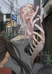 Rule 34 | + +, 2girls, brown hair, building, child, climbing, day, ear tag, extra arms, highres, ishida umi, long hair, looking at another, monster girl, multiple girls, original, outdoors, pink eyes, power lines, twintails, utility pole, wet, white hair