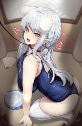 Rule 34 | 1girl, animal ears, ass, bad id, bad pixiv id, bare shoulders, bdsm, blurry, blurry background, bowl, braid, breasts, censored, collar, ddangbi, dog ears, extra ears, fence, grey hair, hair between eyes, hand up, highres, kneeling, large breasts, leash, leash pull, looking at viewer, mind control, mosaic censoring, no shoes, one-piece swimsuit, original, pet bowl, pointy ears, red collar, red eyes, school swimsuit, sidelocks, slave, solo, suggestive fluid, swimsuit, thighhighs, thighs