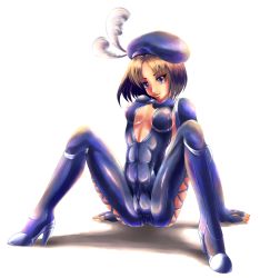 Rule 34 | 1girl, bad id, bad pixiv id, bodysuit, breasts, brown hair, cameltoe, cleavage, covered erect nipples, feathers, hat, high heels, key-chang, kinei, large breasts, original, purple eyes, shoes, solo, soul calibur, soulcalibur, soulcalibur iii, soulcalibur iv, spread legs