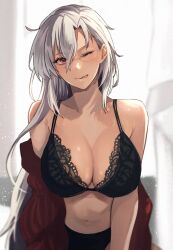Rule 34 | 1girl, alternate hairstyle, black bra, black panties, blurry, blurry background, bra, breasts, cardigan, cleavage, collarbone, commentary request, dark-skinned female, dark skin, glasses, grey hair, hair down, heart, highres, kantai collection, kasumi (skchkko), large breasts, light particles, long hair, looking at viewer, musashi (kancolle), navel, off shoulder, one eye closed, open cardigan, open clothes, panties, red eyes, simple background, smile, solo, tongue, tongue out, underwear, upper body