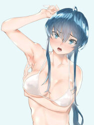 Rule 34 | 1girl, ahoge, aqua eyes, arm under breasts, armpit focus, armpits, bababababan, bikini, blue eyes, blue hair, blush, bra, breasts, collarbone, female focus, hair between eyes, head tilt, long hair, looking at viewer, lower teeth only, medium breasts, open mouth, simple background, solo, swimsuit, teeth, tongue, underwear, upper body, white background, white bra