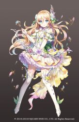 1girl blonde_hair blue_eyes bow_(weapon) cleavage_cutout clothing_cutout copyright_notice dress erunoa_lynrace_(repage)_(grimms_notes) flat_chest flower frilled_skirt frills full_body gradient_background grimms_notes hair_flower hair_ornament long_hair nemusuke official_art petals skirt smile solo weapon