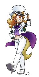 Rule 34 | 1girl, armlet, blonde hair, bo (negitonori), bow, bowser logo, bowsette, bowtie, bracelet, collar, commentary, dated, earrings, english commentary, evil grin, evil smile, fangs, formal, full body, grin, hand on headwear, hand on own hip, hat, high heels, highres, horns, ian samson, jacket, jewelry, long hair, long sleeves, looking at viewer, mario (series), midriff, navel, new super mario bros. u deluxe, nintendo, pants, purple bow, purple bowtie, purple vest, red eyes, shoes, sidelocks, simple background, skull, skull earrings, smile, soles, solo, spiked armlet, spiked bracelet, spiked shell, spiked tail, spikes, stomach, suit, super mario odyssey, tail, top hat, turtle shell, tuxedo, v-shaped eyebrows, vest, walking, white background, white footwear, white jacket, white pants