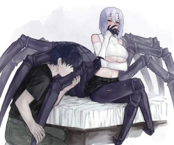 Rule 34 | 1boy, 1girl, arachne, arm under breasts, arthropod girl, bare shoulders, belt, black belt, black hair, black shirt, black skirt, blush, breasts, carapace, claws, covered collarbone, covering own mouth, crop top, detached sleeves, extra eyes, faceless, faceless male, grey pants, hair between eyes, hand over own mouth, hand up, highres, insect girl, large breasts, miniskirt, monster girl, monster musume no iru nichijou, multiple legs, navel, on bed, pants, parted lips, rachnera arachnera, red eyes, shirt, short hair, short sleeves, sidelocks, simple background, sitting, skirt, sleeveless, sleeveless shirt, smile, spider girl, standing, stomach, t-shirt, taur, underboob, white background, white shirt, white sleeves, zakirsiz