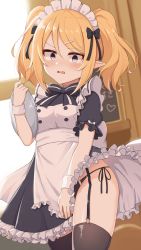Rule 34 | 1girl, apron, black bow, black dress, black panties, black thighhighs, blonde hair, bow, chloe (princess connect!), commentary request, curtains, dress, frilled apron, frilled dress, frills, garter straps, ginka (gink a), hair between eyes, hair ornament, hairclip, heart, highres, holding, holding tray, indoors, maid apron, maid day, maid headdress, panties, parted lips, pointy ears, princess connect!, puffy short sleeves, puffy sleeves, red eyes, short sleeves, side-tie panties, solo, thighhighs, tray, twintails, underwear, wavy mouth, white apron, window, wrist cuffs