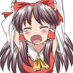 Rule 34 | 1girl, armpits, blush, bow, brown hair, closed eyes, detached sleeves, female focus, hair bow, hakurei reimu, japanese clothes, long hair, miko, open mouth, simple background, solo, tears, touhou, upper body, usakou, white background, yawning
