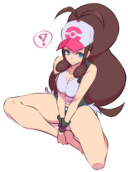 Rule 34 | 1girl, ?, ahoge, bare legs, barefoot, baseball cap, black vest, blue eyes, blue shorts, breasts, brown hair, cleavage, closed mouth, commentary, creatures (company), full body, game freak, hat, highres, hilda (pokemon), long hair, looking at viewer, looking to the side, medium breasts, nac000, nintendo, open clothes, open vest, own hands together, poke ball print, pokemon, pokemon bw, ponytail, short shorts, shorts, sidelocks, simple background, sitting, sleeveless, smile, solo, spoken question mark, sweatband, tank top, thick thighs, thighs, vest, white background, white hat, white tank top, wristband