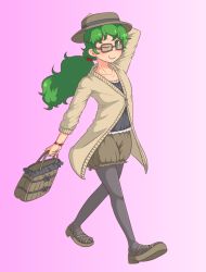 Rule 34 | 1girl, alternate costume, alternate hairstyle, bag, bespectacled, contemporary, glasses, go hon nin, green eyes, green hair, hair bobbles, hair ornament, hand on headwear, handbag, kisume, matching hair/eyes, aged up, one eye closed, pantyhose, ponytail, smile, solo, touhou