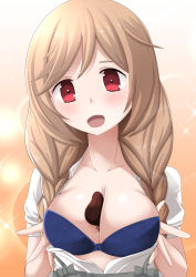 Rule 34 | 1girl, absurdres, blouse, blue bra, blush, bra, braid, breasts, candy, chocolate, chocolate heart, chocolate on body, chocolate on breasts, cleavage, food, heart, highres, kantai collection, large breasts, minegumo (kancolle), open clothes, open shirt, red eyes, selvalanch, solo, twin braids, underwear, upper body