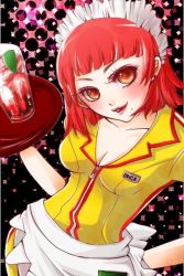 Rule 34 | 1girl, atlus, blush, breasts, brown eyes, catherine (game), cleavage, drink, erica anderson, glass, hand on own hip, headdress, hip focus, maid headdress, mole, red hair, short hair, solo, soyd 562, tray, uniform, waitress
