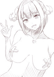Rule 34 | 1girl, absurdres, bandaid, bandaids on nipples, breasts, commentary, fangs, heart, highres, horns, monochrome, multiple views, open mouth, pasties, short hair, simple background, smile, solo, white background, white hair, yeyebirdie