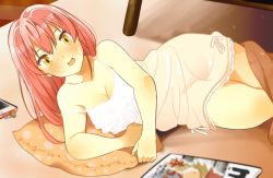 Rule 34 | 1girl, 216 zig, bare shoulders, bed sheet, blush, breasts, cellphone, cleavage, collarbone, commentary request, eyelashes, fang, full-face blush, highres, hip focus, idolmaster, idolmaster cinderella girls, indoors, jougasaki mika, long hair, looking at viewer, lying, magazine (object), medium breasts, nightgown, on side, open mouth, phone, pillow, pink hair, solo, strap slip, sweatdrop, thighs, yellow eyes