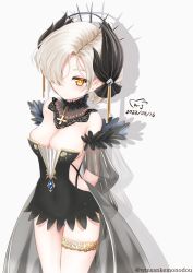 Rule 34 | 1girl, armpit crease, arms behind back, azur lane, braid, breasts squeezed together, breasts, choker, covered navel, cross, feathers, goth fashion, gothic lolita, hair ornament, highres, large breasts, lolita fashion, long skirt, looking at viewer, panties, see-through, shadow, sheffield (azur lane), short hair, skirt, standing, thighs, underwear, white background, white hair, white panties, winsankemonodou, yellow eyes