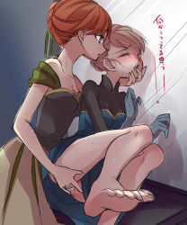 Rule 34 | 2girls, anna (frozen), bare legs, bare shoulders, barefoot, blonde hair, blush, braid, breasts, brown hair, cleavage, closed eyes, dress, elbow gloves, elsa (frozen), feet, femdom, finger in another&#039;s mouth, fingering, french braid, frozen (disney), gloves, green eyes, highres, incest, kokuchuutei, medium breasts, multiple girls, no panties, off-shoulder dress, off shoulder, open mouth, orange hair, pussy juice, short hair, siblings, sisters, sketch, small breasts, tears, toes, wince, yuri