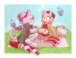 Rule 34 | 2girls, amy rose, animal ears, blaze the cat, blue sky, blush, cat ears, cat girl, cat tail, cup, dress, eyelashes, flicky (character), fur-trimmed footwear, fur-trimmed gloves, fur trim, furry, furry female, gloves, grass, green eyes, highres, holding, holding cup, jacket, jacket on shoulders, jewelry, multiple girls, open mouth, pam3le, pants, picnic, picnic basket, pink footwear, pink fur, ponytail, purple fur, red dress, red footwear, sky, smile, sonic (series), tail, thermos, white gloves, white pants, yellow eyes