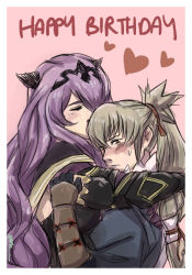 Rule 34 | 1boy, 1girl, arm guards, armor, black cape, black gloves, blonde hair, blush, brown eyes, camilla (fire emblem), cape, couple, embarrassed, fire emblem, fire emblem fates, gloves, hair ribbon, happy birthday, heart, height difference, hetero, highres, hug, kiss, leather, light frown, long hair, nintendo, nose blush, pink background, ponytail, purple hair, red ribbon, ribbon, signature, simple background, sketch, takumi (fire emblem), tiara