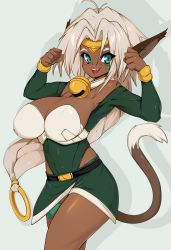 Rule 34 | 1girl, aisha clanclan, animal ears, aqua eyes, arms up, bad id, bad tumblr id, bare shoulders, bell, belt, breasts, cat ears, cat girl, cat tail, circlet, cleavage, collar, commentary, dark-skinned female, dark skin, fangs, gold trim, hair intakes, highres, huge breasts, long hair, neck bell, open mouth, outlaw star, pointy ears, retro artstyle, slit pupils, slugbox, smile, solo, sweat, tail, thighs, very long hair, white background, white hair