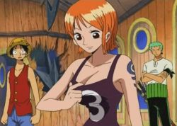 Rule 34 | 1girl, 2boys, animated, animated gif, arm tattoo, bandana around arm, bare arms, black hair, breasts, brown eyes, cleavage, clothes pull, clothes writing, collarbone, cowboy shot, enies lobby, female focus, green hair, large breasts, looking at another, looking down, lowres, monkey d. luffy, multiple boys, nami (one piece), one piece, orange hair, portrait, pulling own clothes, roronoa zoro, sanpaku, shirt pull, short hair, sleeveless, solo focus, tareme, tattoo, v-shaped eyebrows, very short hair