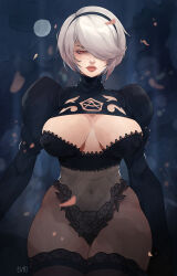 Rule 34 | 1girl, 2b (nier:automata), adapted costume, alternate costume, alternate eye color, artist name, black background, breasts, cleavage, cleavage cutout, clothing cutout, emmanuel viola, hair over one eye, large breasts, leotard, lips, long sleeves, looking at viewer, navel, nier:automata, nier (series), parted lips, red eyes, revealing clothes, solo, thick thighs, thighhighs, thighs, white hair, wide hips