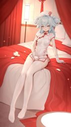 Rule 34 | 1girl, absurdres, bed, bed sheet, bedroom, blue eyes, blue hair, breasts, china dress, chinese clothes, chinese new year, dress, girls&#039; frontline, girls&#039; frontline neural cloud, gloves, hat, highres, indoors, light blue hair, long hair, on bed, pa-15 (girls&#039; frontline), pillow, short dress, short sleeves, sitting, small breasts, thighhighs, two side up, white dress, white gloves, white hat, white thighhighs, wo you yibei jia wanli