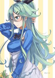 Rule 34 | 1girl, alternate costume, aqua eyes, black ribbon, blue shirt, blush, buttons, closed mouth, from side, green hair, hair between eyes, hair ribbon, highres, kantai collection, long hair, long sleeves, ponytail, ribbon, shirt, solo, sugue tettou, twitter username, upper body, yamakaze (kancolle)