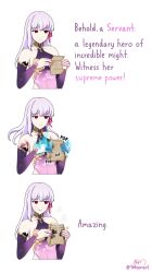 Rule 34 | 1girl, 3koma, absurdres, artist name, bag, blue fire, comic, commentary, cropped torso, detached sleeves, dress, eating, english text, expressionless, fate/grand order, fate (series), fire, fire, floral print, food, gold choker, gold trim, grey hair, hair ribbon, hands up, highres, holding, holding bag, jewelry, jitome, kama (fate), long hair, looking down, mundane utility, paper bag, popcorn, purple dress, red eyes, ribbon, simple background, sleeveless, tetranort, twitter username, white background