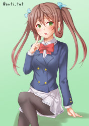 Rule 34 | 1girl, :o, alternate costume, anti (untea9), asagumo (kancolle), black pantyhose, blouse, blue cardigan, blue jacket, blush, bow, bowtie, brown hair, cardigan, collared shirt, gradient background, green background, green eyes, hair between eyes, hair ribbon, highres, jacket, kantai collection, long hair, long sleeves, looking at viewer, neckerchief, open mouth, pantyhose, pleated skirt, red neckerchief, ribbon, school uniform, shirt, sitting, skirt, solo, twintails, twitter username, white shirt, white skirt