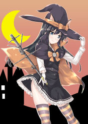Rule 34 | 1girl, animal ears, asashio (kancolle), asashio kai ni (kancolle), black cape, black hair, black hat, blue eyes, cape, cat ears, dress, ears through headwear, gloves, halloween, halloween costume, hat, holding, kantai collection, long hair, long sleeves, mikage takashi, moon, official alternate costume, pinafore dress, shirt, sleeveless, sleeveless dress, solo, striped clothes, striped thighhighs, thighhighs, white gloves, white shirt, witch, witch hat