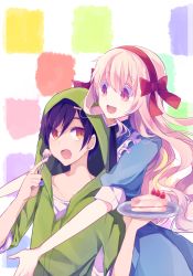 Rule 34 | 1boy, 1girl, bad id, bad pixiv id, black hair, blonde hair, cake, dress, food, highres, hood, hoodie, kagerou project, kozakura marry, long hair, nyowaa417, seto kousuke, short hair, strawberry shortcake