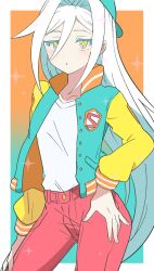 Rule 34 | 1girl, backwards hat, baseball cap, blue hat, colored eyelashes, dot nose, hair between eyes, hand on own hip, hat, highres, jacket, kiratto pri chan, long hair, open clothes, open jacket, pants, parted lips, pretty series, red pants, shiraie, shirt, solo, solulu, symbol-shaped pupils, very long hair, white hair, white shirt, yellow eyes