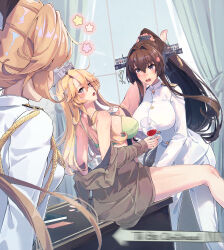 Rule 34 | 3girls, absurdres, akigumo (kancolle), alcohol, blonde hair, blush, bra, breasts, brown eyes, brown hair, cherry blossoms, commentary, cup, drinking glass, drunk, flower, green bra, green panties, hair between eyes, hair flower, hair ornament, headgear, highres, himeyamato, holding, holding cup, iowa (kancolle), kantai collection, large breasts, leg on another&#039;s shoulder, leg up, long hair, long sleeves, meme, multiple girls, open mouth, panties, panties around toe, ponytail, thighs, to be continued, underwear, unworn panties, very long hair, walk-in, wine, wine glass, yamato (kancolle), yuri
