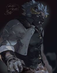 Rule 34 | 1boy, alternate costume, bara, camouflage, camouflage pants, cropped jacket, curled horns, fingerless gloves, from side, furry, furry male, gloves, grey fur, highres, horns, krampus (housamo), large pectorals, long sideburns, looking down, male focus, mature male, medium hair, muscular, muscular male, nanaisan (713), pants, partially unzipped, pectorals, scar, scar across eye, sideburns, solo, tokyo houkago summoners, tusks, zipper