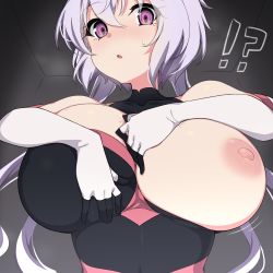 Rule 34 | !?, 1girl, blush, breasts, elbow gloves, from below, gloves, highres, huge breasts, kuro mushi, large breasts, leotard, long hair, looking at viewer, nipple slip, nipples, one breast out, open mouth, pink leotard, purple eyes, senki zesshou symphogear, silver hair, solo, sweatdrop, tight clothes, wardrobe malfunction, white gloves, yukine chris