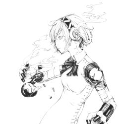 Rule 34 | 1girl, aegis (persona), android, atlus, bow, greyscale, monochrome, persona, persona 3, science fiction, shell casing, short hair, smoke, solo, sousou (sousouworks)