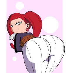 Rule 34 | 1girl, animated, animated gif, ass, ass shake, bent over, boku no hero academia, earrings, gloves, heart, heart earrings, huge ass, jewelry, la brava, long hair, looking back, naughty face, pants, pink eyes, red hair, scrabble007, smile, solo, twintails, white background, white pants, wide hips