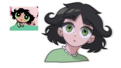 Rule 34 | 1girl, black hair, buttercup (ppg), buttercup redraw challenge (meme), derivative work, green eyes, green pajamas, highres, looking at viewer, meme, messy hair, nohoo, pajamas, parted lips, powerpuff girls, reference inset, screenshot inset, screenshot redraw, simple background, solo, white background