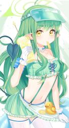 Rule 34 | 1girl, absurdres, baba kirika, bare shoulders, bikini, blue archive, blue bow, blush, bow, breasts, cleavage, collarbone, commentary request, cowboy shot, cup, dot nose, food, food in mouth, fruit, gloves, green bikini, green hair, halo, highres, hikari (blue archive), holding, holding cup, lemon, lemon juice, long hair, midriff, navel, pointy ears, sidelocks, small breasts, solo, stomach, swimsuit, thighhighs, very long hair, white gloves, white thighhighs, yellow eyes
