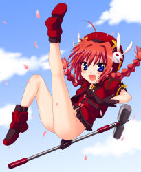 Rule 34 | 00s, 1girl, :d, ahoge, ankle boots, ass, beret, blue eyes, blue sky, blush, boots, bottomless, braid, day, dress, floating, full body, graf eisen, hair ornament, hammer, hat, looking at viewer, lyrical nanoha, mahou shoujo lyrical nanoha, mahou shoujo lyrical nanoha strikers, open mouth, puffy short sleeves, puffy sleeves, rabbit hair ornament, red dress, saki chisuzu, short sleeves, sky, smile, solo, spikes, twin braids, vita (nanoha)