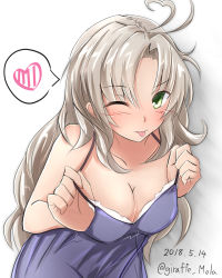 Rule 34 | 1girl, :q, ahoge, babydoll, babydoll tug, blush, breasts, commentary request, dated, giraffe (ilconte), green eyes, grey hair, hair between eyes, heart, highres, kantai collection, kinugasa (kancolle), large breasts, long hair, looking at viewer, one eye closed, sidelocks, simple background, smile, solo, tongue, tongue out, twitter username, white background
