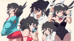 Rule 34 | 1girl, animal ears, aqua jacket, black eyes, black hair, black leotard, bow, bowtie, breasts, cleavage, cowboy shot, detached collar, dress, eating, fake animal ears, food, hands in pockets, hands up, highres, jacket, jewelry, leotard, long hair, lucia (scott malin), medium breasts, multiple views, narrow waist, necklace, off shoulder, one eye closed, original, pantyhose, playboy bunny, popsicle, rabbit ears, red bow, red dress, red neckwear, scott malin, simple background, smile, strap slip, strapless, strapless leotard, upper body, wrist cuffs, yellow background