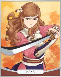 Rule 34 | 1girl, brown eyes, brown hair, curly hair, fire emblem, fire emblem fates, hana (fire emblem), headband, holding, holding sword, holding weapon, japanese clothes, katana, leaf, long hair, looking at viewer, maple leaf, nintendo, solo, sword, weapon
