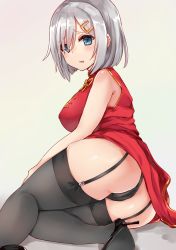 Rule 34 | 10s, 1girl, alternate costume, ass, black footwear, black panties, blue eyes, breasts, check commentary, china dress, chinese clothes, chiune (yachi), commentary request, dress, eyebrows, garter straps, hair between eyes, hair ornament, hair over one eye, hairclip, hamakaze (kancolle), highres, kantai collection, large breasts, looking at viewer, panties, shoes, short hair, silver hair, simple background, solo, thighhighs, underwear