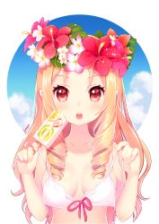 Rule 34 | 10s, 1girl, artist name, blonde hair, bra, unworn bra, breasts, day, dmyomyo, drill hair, eromanga sensei, flower, food, hair flower, hair ornament, holding clothes, holding underwear, long hair, looking at viewer, medium breasts, open mouth, pointy ears, popsicle, red eyes, solo, symbol-shaped pupils, twin drills, underwear, upper body, white bra, yamada elf