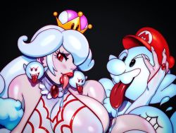 Rule 34 | 1boy, 1girl, black background, blush, boo (mario), boo mario, breasts, bridal gauntlets, character request, crown, drooling, earrings, facial hair, fang, floating, ghost, highres, jewelry, large breasts, luigi&#039;s mansion, mario, mario (series), mustache, new super mario bros. u deluxe, nintendo, no bra, princess king boo, red eyes, red legwear, robaato, sideboob, simple background, super crown, super mario galaxy, tagme, tongue, tongue out